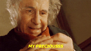 GIF of Bilbo Baggins holding the The One Ring and saying "My Precious"