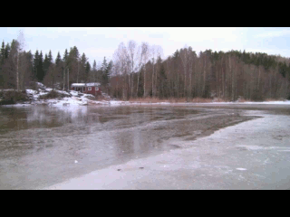 GIF of a person skating off the edge of ice into freezing water