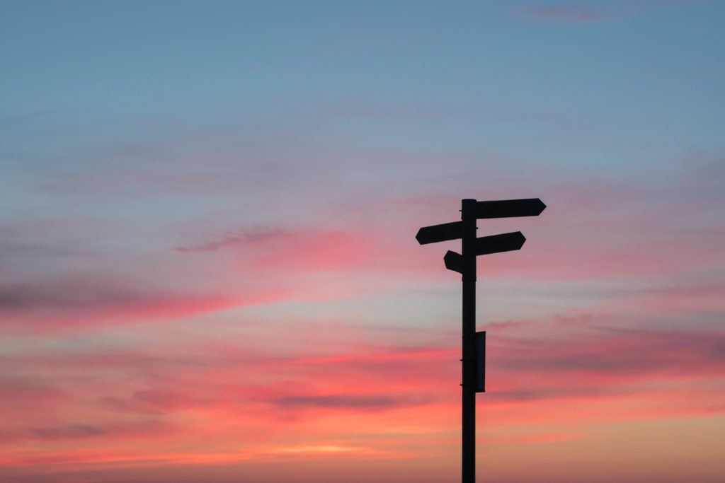 Photo of a signpost against a sunset back drop
